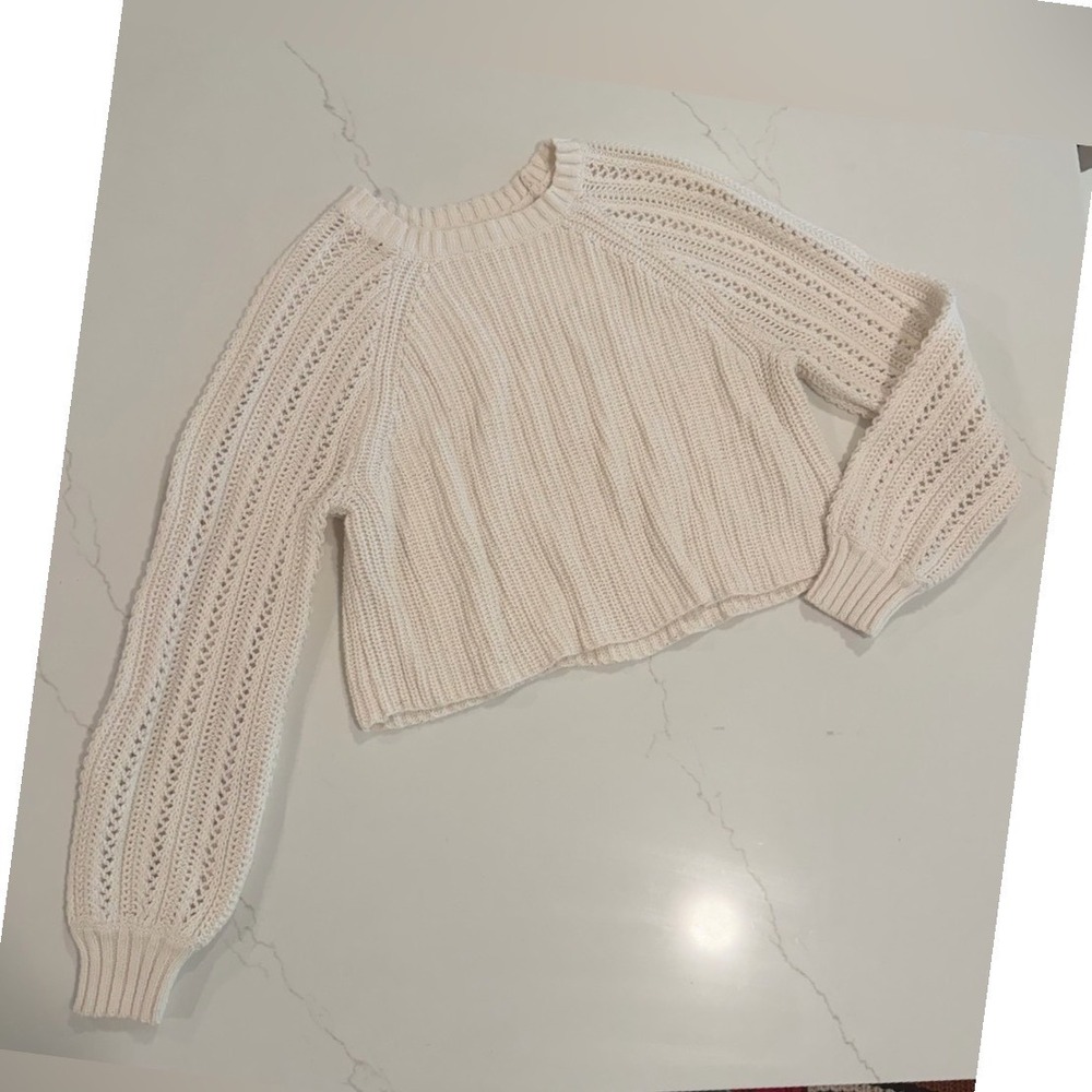 American Eagle Outfitters Cream Open-Knit Cropped Crew Sweater